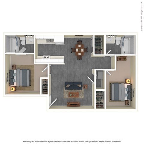Floor plan for 2 beds, 1 bath, 877 sqft